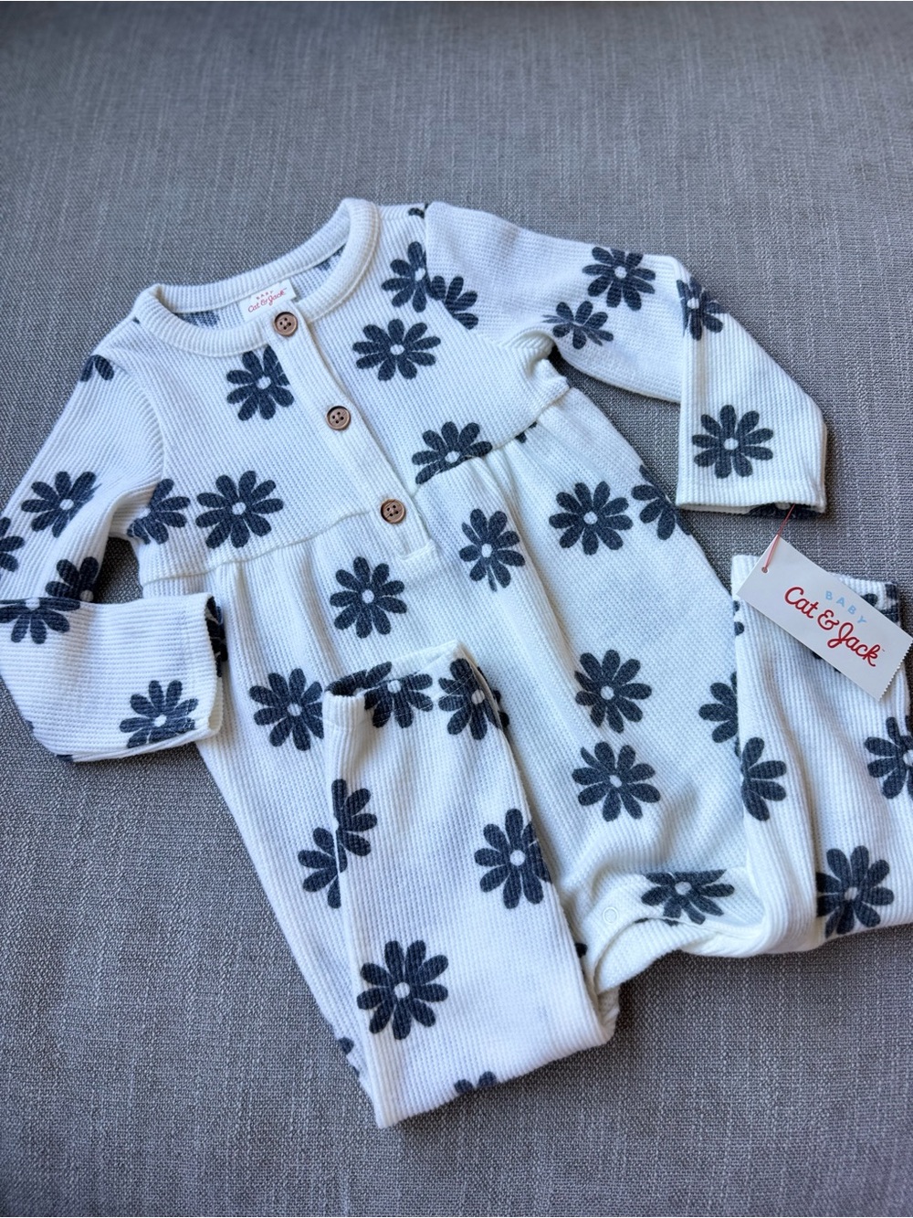 Cat & Jack White Knit Baby Romper with Gray Floral Print